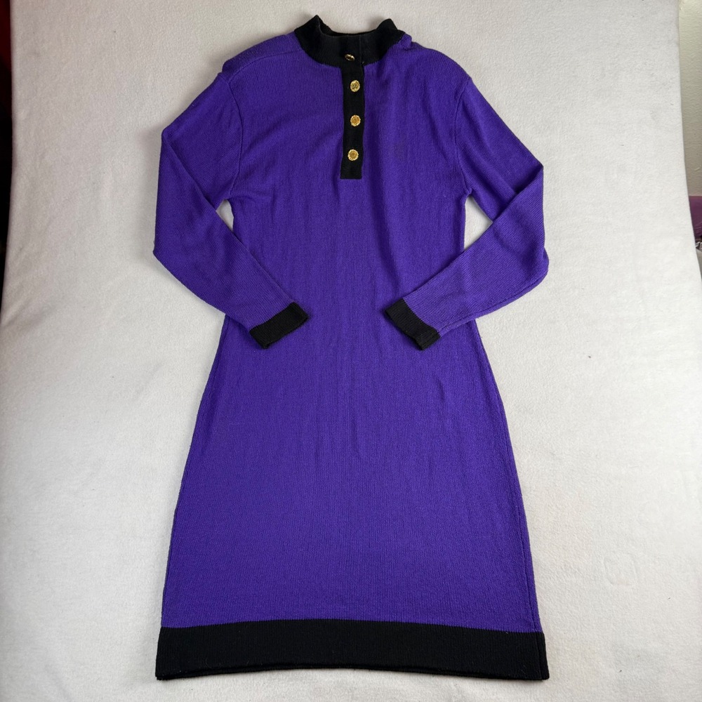 Ms‎ Chaus Knits Vintage Purple Black Colorblock Gold Button Sweater Dress XL